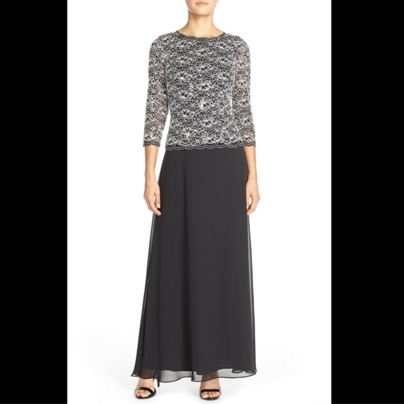 NEW Alex Evenings Lace & Chiffon Mock Two-Piece Gown [SZ 10 ] Black‎ - Picture 2 of 6